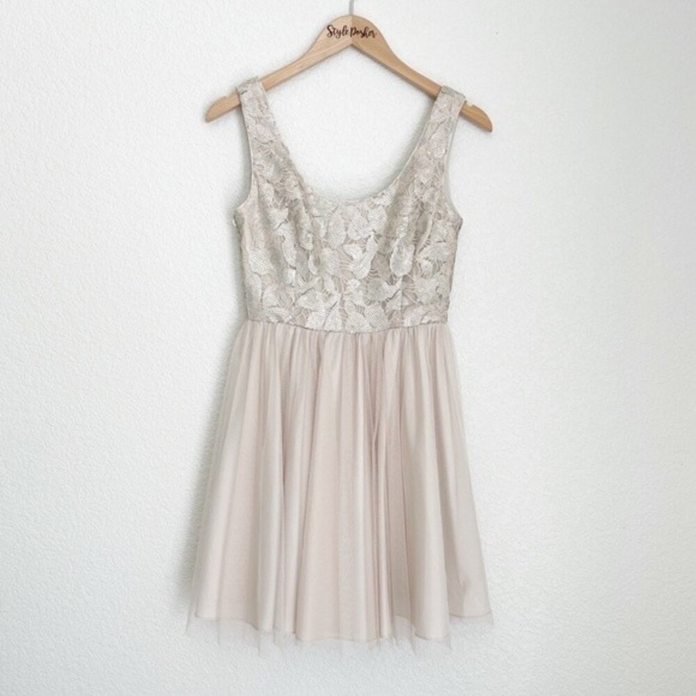 Aidan Mattox Champagne Tulle Fit & Flare Mini Dress Sequin Embellished 2